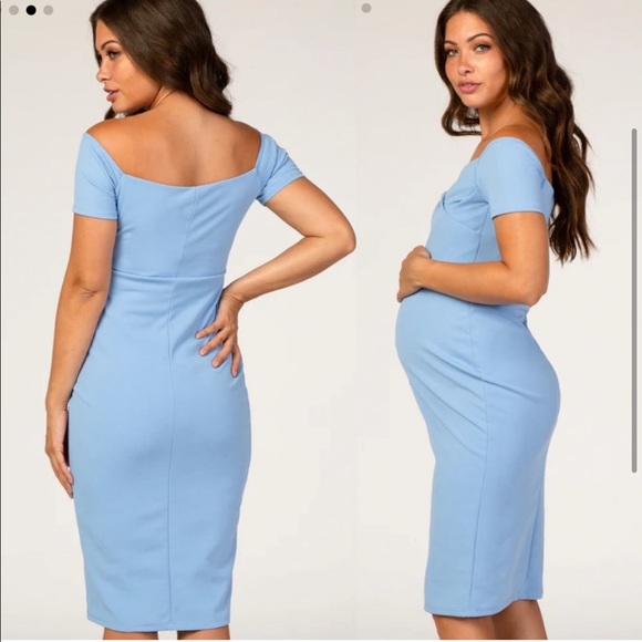PinkBlush Light Blue Sweetheart Neckline Off Shoulder Maternity Fitted Dress - Picture 2 of 11